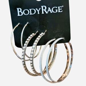 BodyRage Silver Hoop Earrings Set Of 3 w/Rhinestones, Glitter & Textured Styles